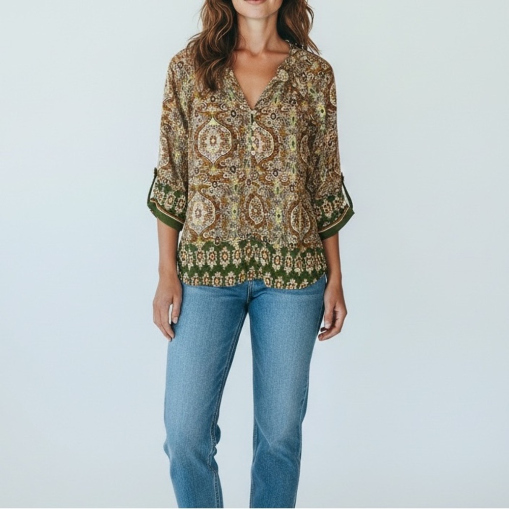 Anthropologie Olive Green Paisley Button-Front Blouse